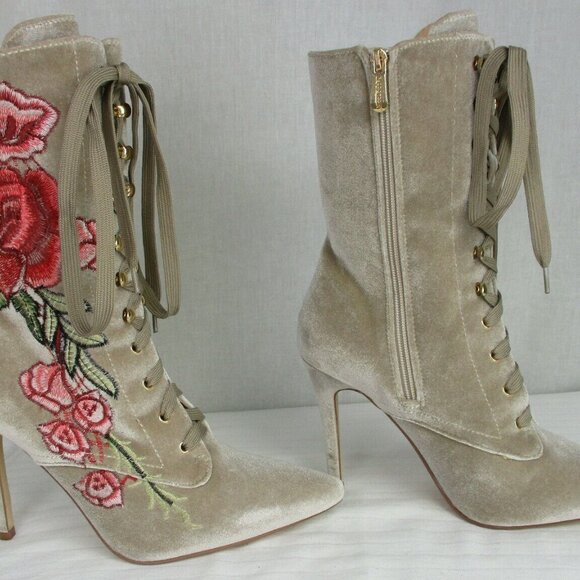 Cape Robbin Womens Embroidered Velvet Lace-up Mid-Calf Stiletto Heel Boot Nude - Picture 6 of 9